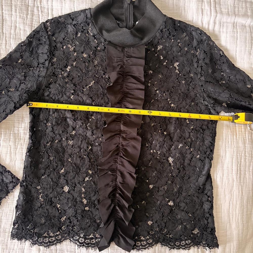 Sandro Black Sheer Floral Lace Ruffle-Front Mock Neck Long Sleeve Blouse 2/US M - Picture 12 of 12